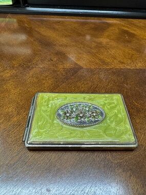 Green Enamel Crystal Silvertone Business Card Holder Beautiful